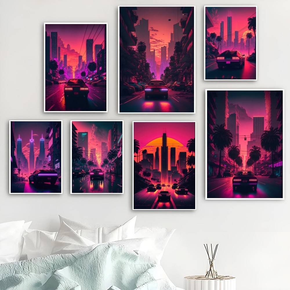 Retro Gaming Wallpaper - Synthwave Cyberpunk Pink Street Car Poster