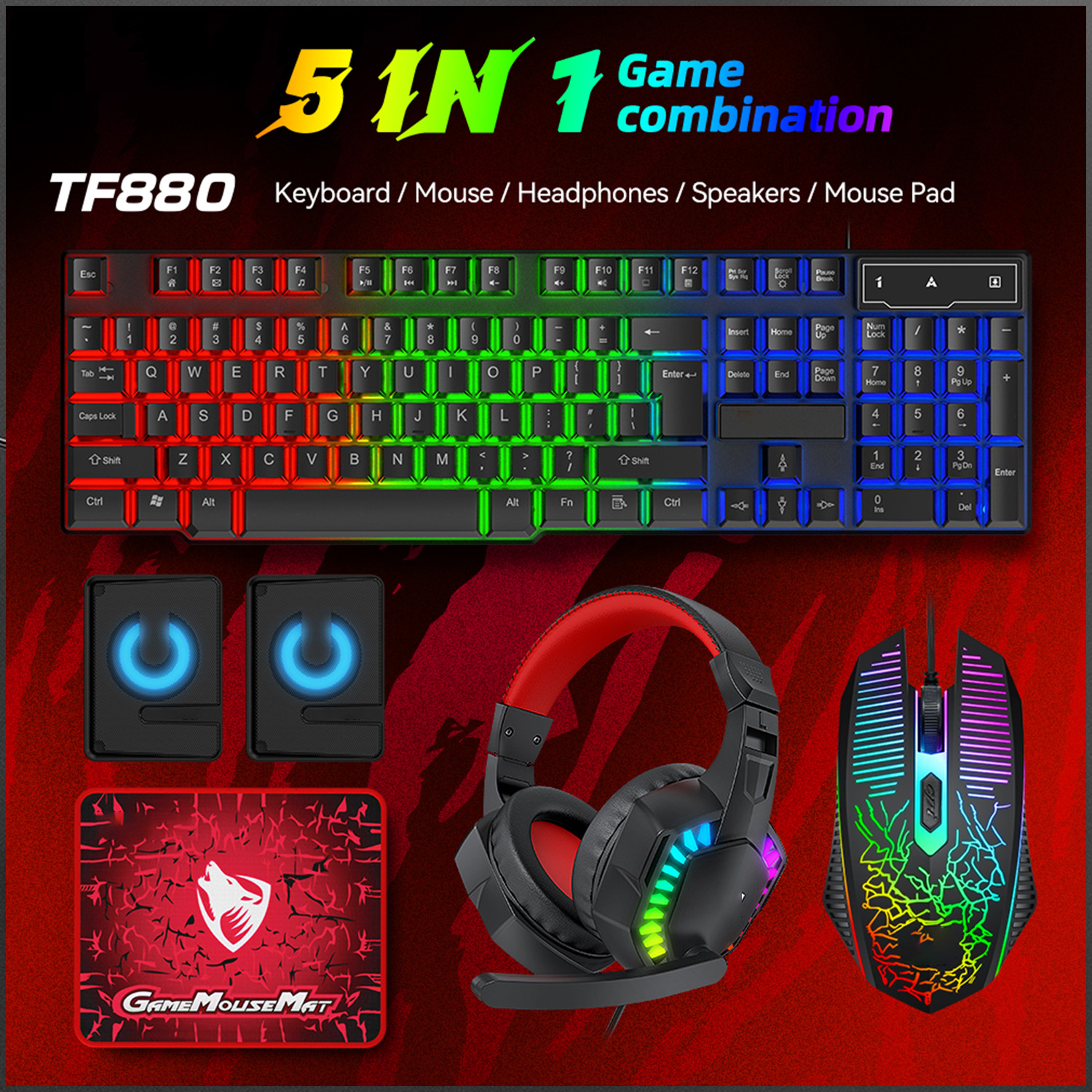 Retro Gaming Accessories - 5-in-1 Set Gaming Combo Keyboard 4-color
