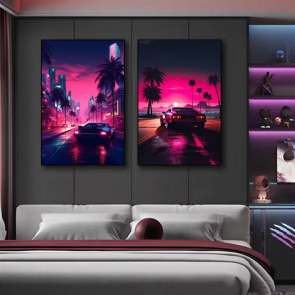 Cyberpunk 80s Retro car city P - Retro Gaming Wallpaper บทวิจารณ์และราคา
