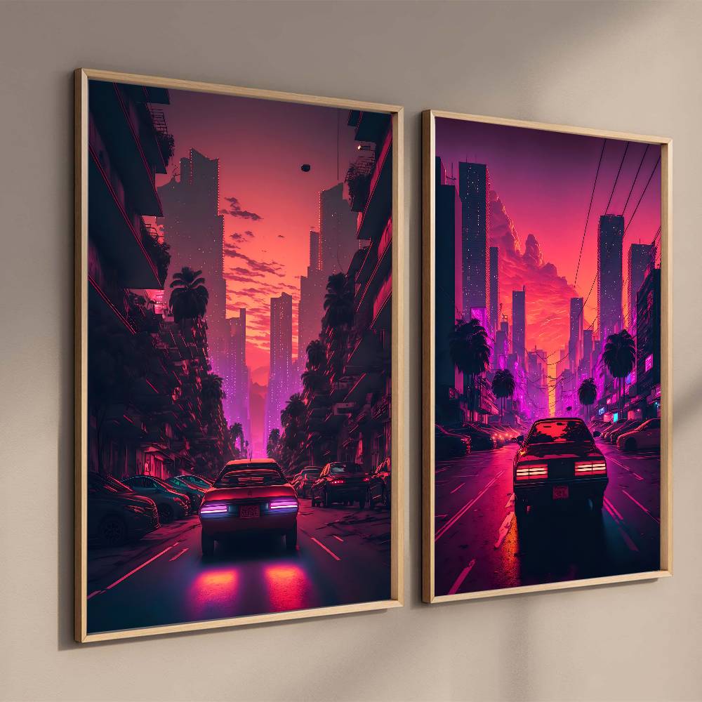 Synthwave Cyberpunk Pink Stree - Retro Gaming Wallpaper บทวิจารณ์และราคา