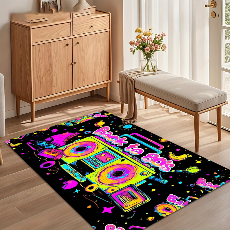 Vibrant 80s Retro Boombox Prin - Retro Gaming Rug บทวิจารณ์และราคา